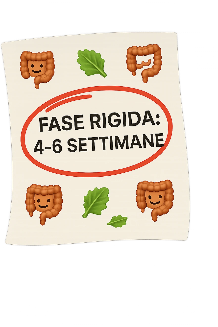 EMOJI STILE IPHONE DI UN foglio di carta fluttua in aria con la scritta "FASE RIGIDA: 4-6 SETTIMANE" CERCHIATA A PENNA IN ROSSO, ATTORNO AL FOGLIO FLUTTUANO PICCOLI TRATTI DI COLON UMANO IN STILE EMOJI E FOGLIE DI INSALATA, REALISTICA 4K emoji