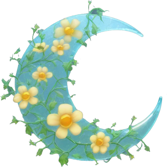 A translucent crescent moon made of cracked glass, with vines of bioluminescent flowers wrapping around it.

 emoji