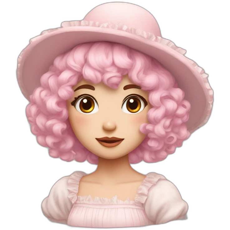 •	Pale pink hair 	•	Youthful facial features 	•	Fluffy hat with a rounded shape 	•	Dress with lots of frills emoji