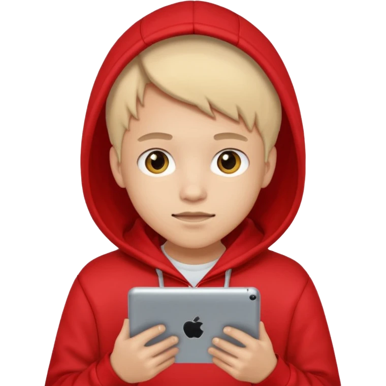 Teen gaming on tablet, red hoodie emoji