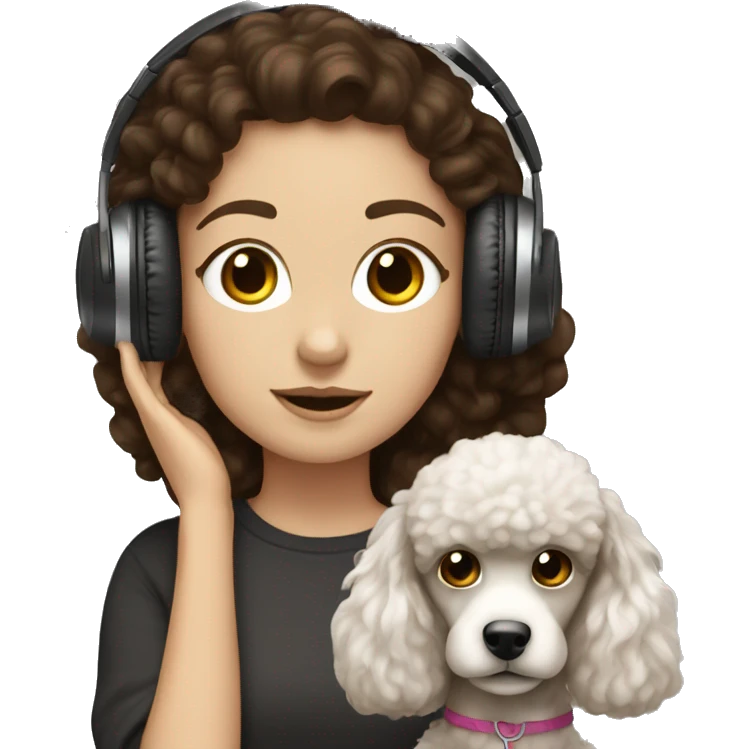 White girl, dark hair in headphones with brown poodle emoji
