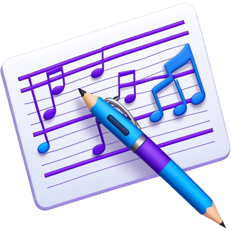 Emoji that represents music track writing. The design should feature a music composition sheet with musical notes and lyrics, a digital audio workstation (DAW) interface or soundwaves, and a pencil or pen to symbolize the writing process. Add a touch of technology with subtle elements like sound mixing sliders or waveform graphics. Use a blend of vibrant and inspiring colors, such as electric blue or neon purple, to evoke a sense of creativity and innovation. The background should be transparent. emoji