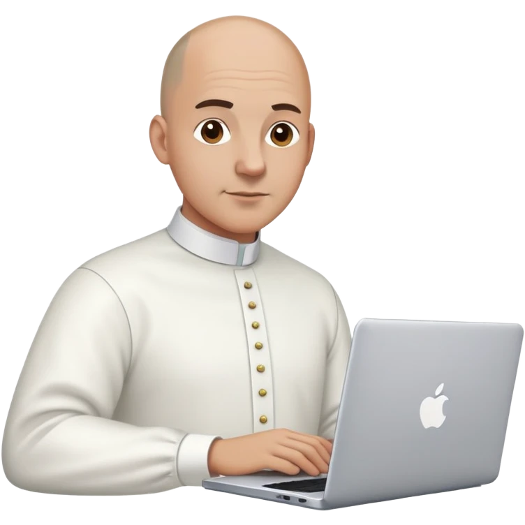 memoji of a bald brown man with a laptop in front, apple-style,modern,fair white skin,dark hair,white bishop collar shirt,behind the computer emoji