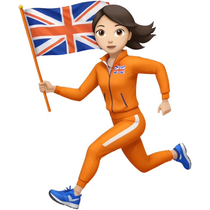 asian woman in orange sport suit and holding uk flag in one hand, running emoji