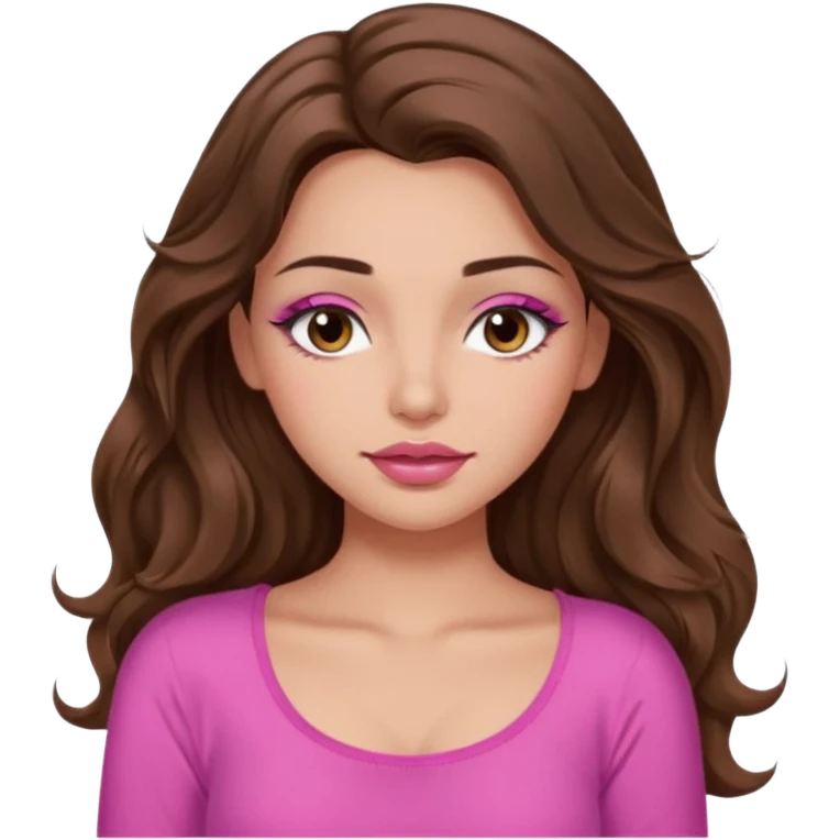girl with long wavy brown hair, brown eyes, long lashes makeup, sexy pink lips, light to medium complexion, wearing a pink sexy top, sleeping emoji