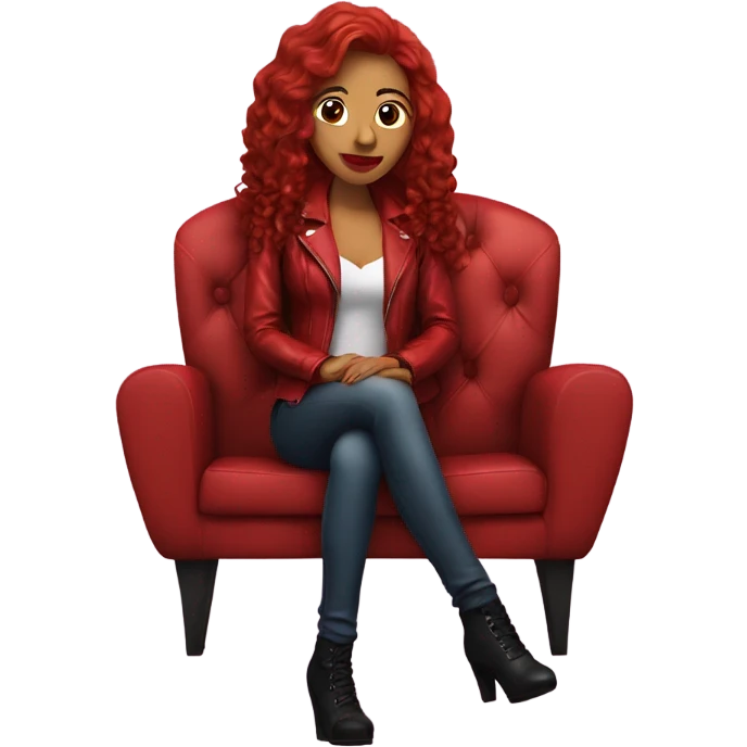 Latina with long red wavy red hair in a red leather jacket and red lipstick sitting on a couch emoji