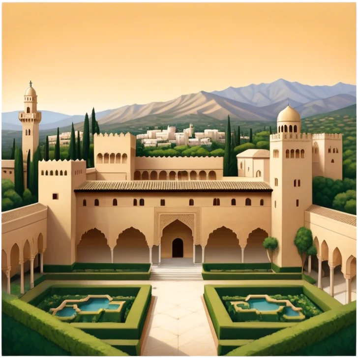 ​Cinematic Realistic Alhambra, depicted as a panoramic, zoomed-out view of the entire majestic Moorish palace complex with intricate arches, expansive courtyards, and lush gardens, bathed in soft golden lighting that highlights its opulent historical beauty, emoji