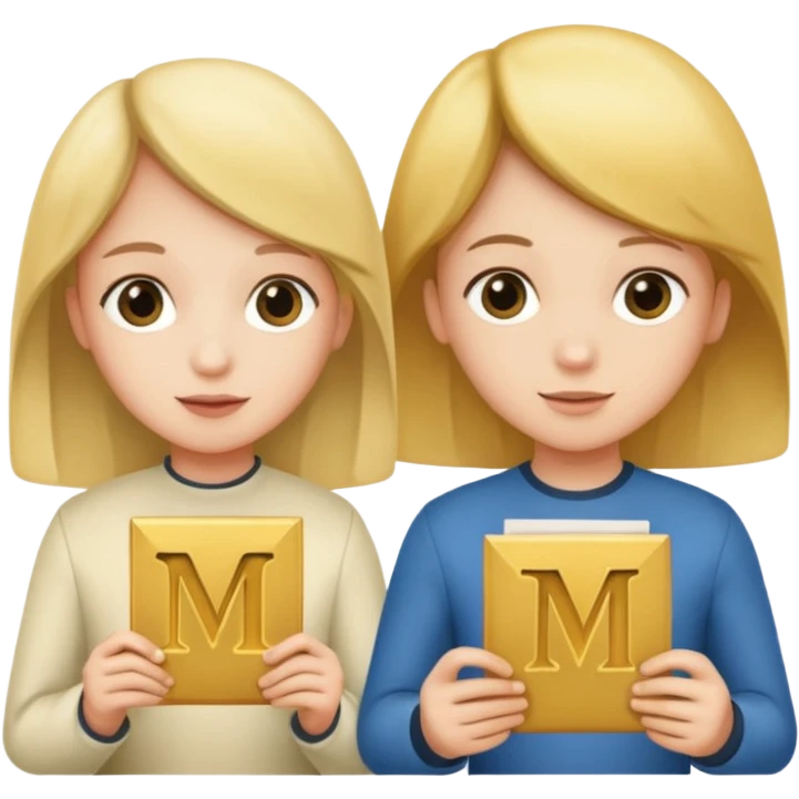 Create two letters, N and Y, in the shape of sisters. Create an image of a boy holding the letter N and a girl holding the letter M  emoji