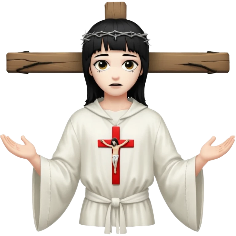 jesus-body-on-the-cross, crucifix, black hair, punk hair, punk bangs emoji