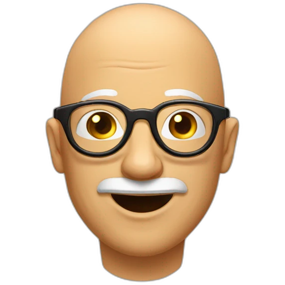friendly bald man with gold circle glasses, brown mustache, goofy man, silly guy emoji