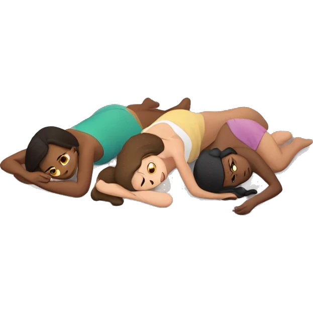 Three flattened simplistic Women laying on the ground. Different skin colours emoji