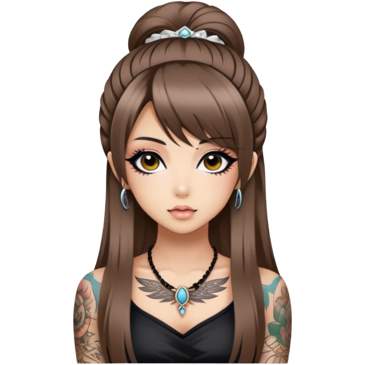 hime gyaru girl, long straight brunette hair, tattoos, dark makeup,  emoji