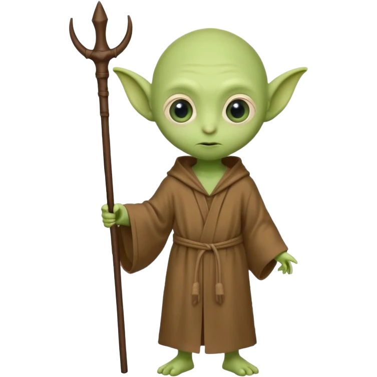 little green alien with bald head, big eyes, big ears, wearing a brown robe and holding a walking stick with both hands emoji
