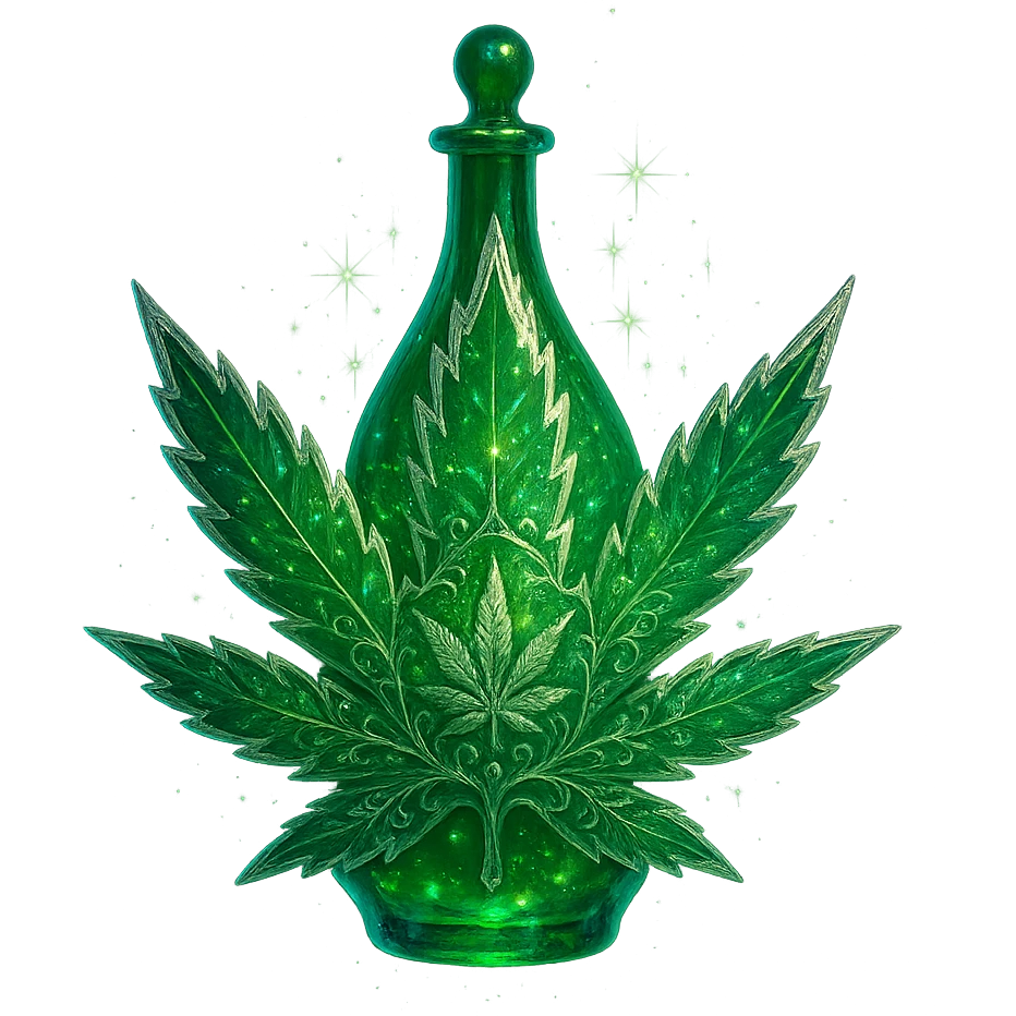 cannabis leaf-shaped luxurious elixir bottle or with cannabis motifs, vibrant green color, iridescent and silver details, intense magical glowing and sparkling effects, very small neck, seamless bottom, floating, no base or shadow, modern, matching a collection, transparent background emoji