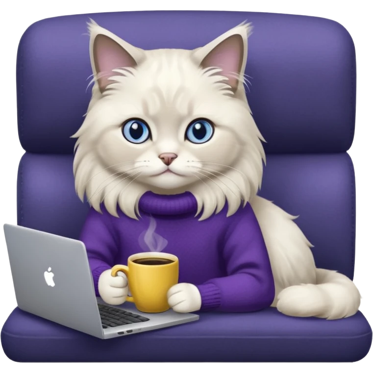 a cute blue eyed ragdoll cat wearing the dark violet sweater with yellow letteting "Milena" sitting on the grey sofa with grey laptop and drinking coffee emoji