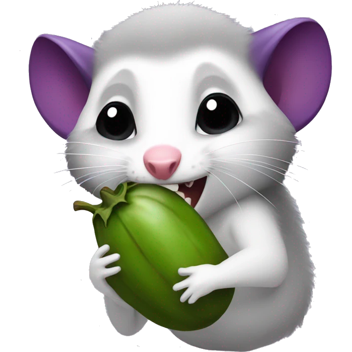 An opossum eating an eggplant emoji