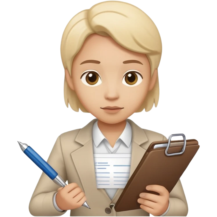A person holding a checklist and pen is wearing smart casual clothing. The character is in a focused pose emoji