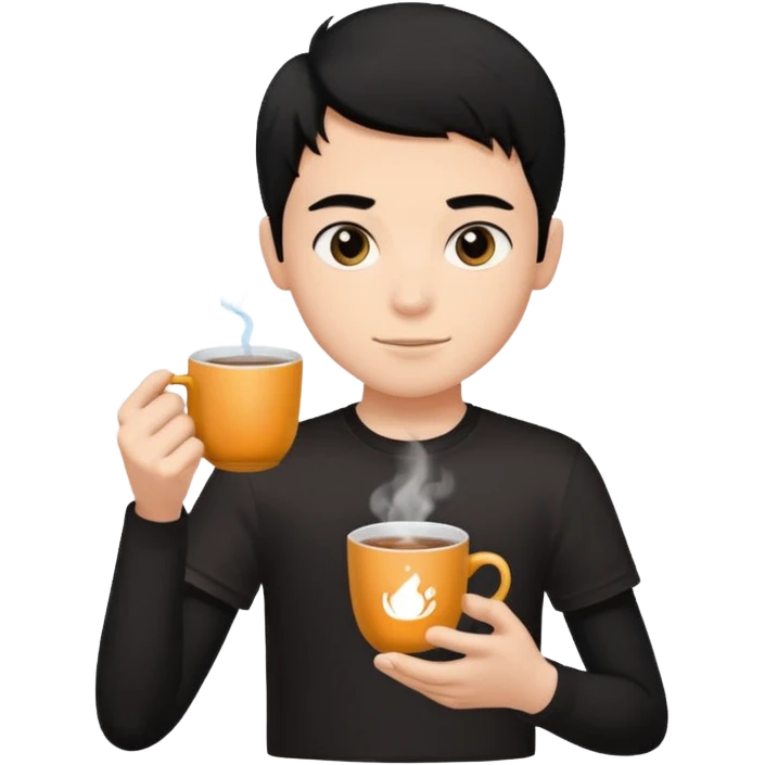 The boy teen have a black hair, and black T-shirt with a cup of tea emoji