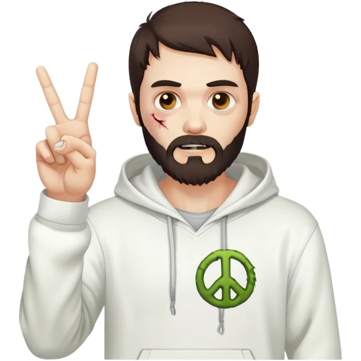 zombie with peace sign gesture wearing white hoodie, with dark brown hair and short full beard emoji
