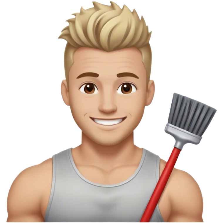 smiling muscular 28 year old man with silver jewelry, with light brown hair that has some blonde and red highlights, and a fauxhawk cleaning emoji