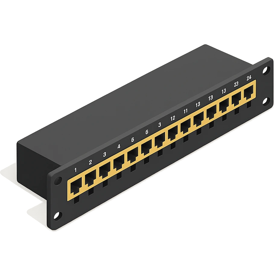 A 19-inch telecommunications patch panel in a 3D style, using a color palette of three colors (5EC6F1/F9DCAF/353946) emoji