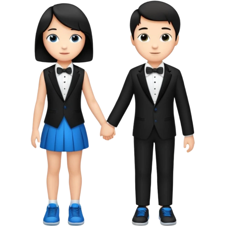 generate a pretty bratz fair skinned boy with short black hair wearing a black tux with blue sneakers with a girl emoji