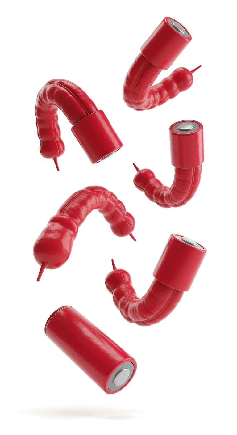 6 BATTERI DELL'INTESTINO ROSSI/BORDEAUX FLUTTUANO IN ARIA, IPERREALISTICO 4K, ISOLATI SU SFONDO BIANCO emoji