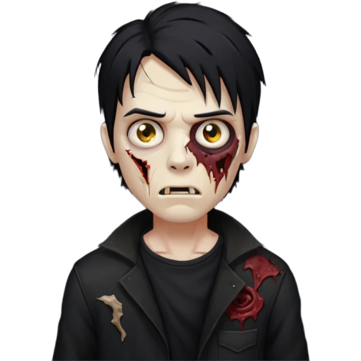 Zumbi masculino com cabelo preto de tamanho médio e com as roupas tudo da cor preta  emoji