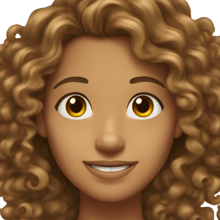young woman tanned skin brown eyes brown long curly hair smiling happy emoji
