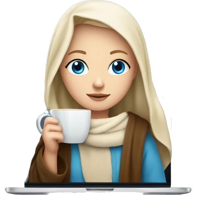 White Girl with blue eyes drinking tea with blanket on a macbook emoji