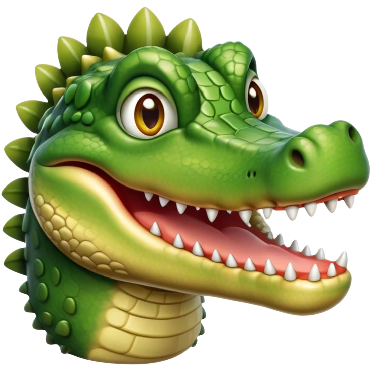 Cinematic Realistic Cute Crocodile Portrait Emoji, Head tilted playfully and inquisitively, featuring a robust, well-defined build with intricately detailed, glossy olive-green scales and a surprisingly endearing face with round, sparkling eyes full of unexpected charm, rendered with lifelike texture and natural highlights, high shine, affectionate and spirited, styled with a touch of wild whimsy, soft glowing outline, capturing the essence of a mischievous yet lovable crocodile that seems poised to snap playfully out of the screen into your arms! emoji