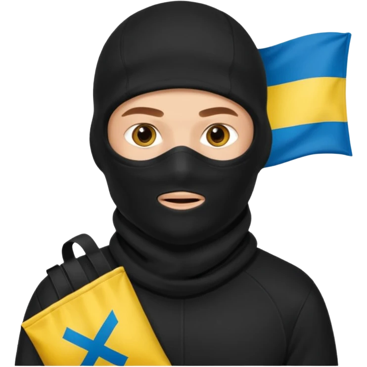 создай реалистичного белого украинца в черное одежде и черной балаклаве и в руках большой мешок с флагом украины на нем emoji