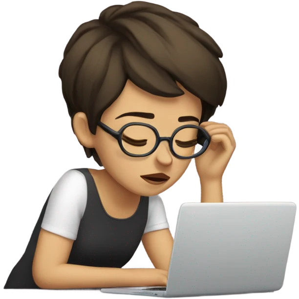 Tired brunette  short hair glasses at a laptop with headache emoji