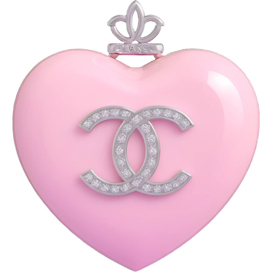 Add a soft pink glow around the glossy white heart with diamond accent and silver Chanel logo, elegant, white and silver color scheme, keep the background transparent except for the glow. emoji