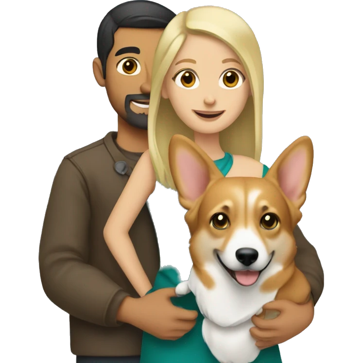 blonde girl with arab guy holding a corgi in their arms emoji