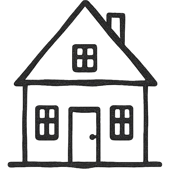 Icon of a house in Kaliningrad, hand drawn, black outlines, no fill, simple and clean, front view emoji