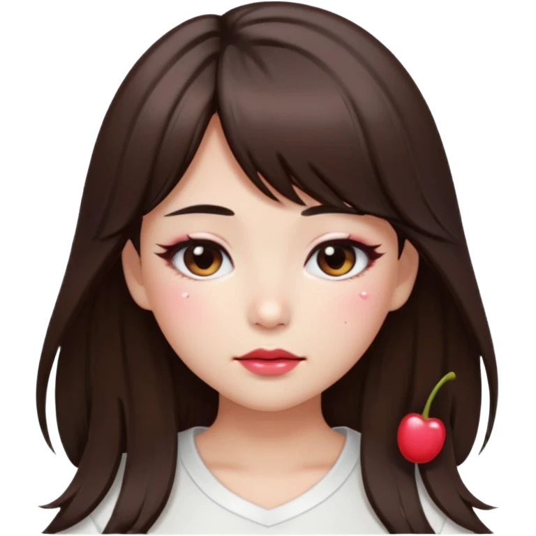 “japanese style Emoji brunette girl long hair with side bangs white top, dewy skin, heavy blush across cheeks and nose bridge, glossy cherry lips, soft eyeliner, teary sparkling eyes emoji