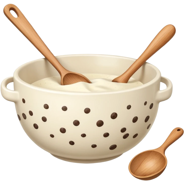 a cream ceramic mixing bowl with a wooden spoon stirring emoji