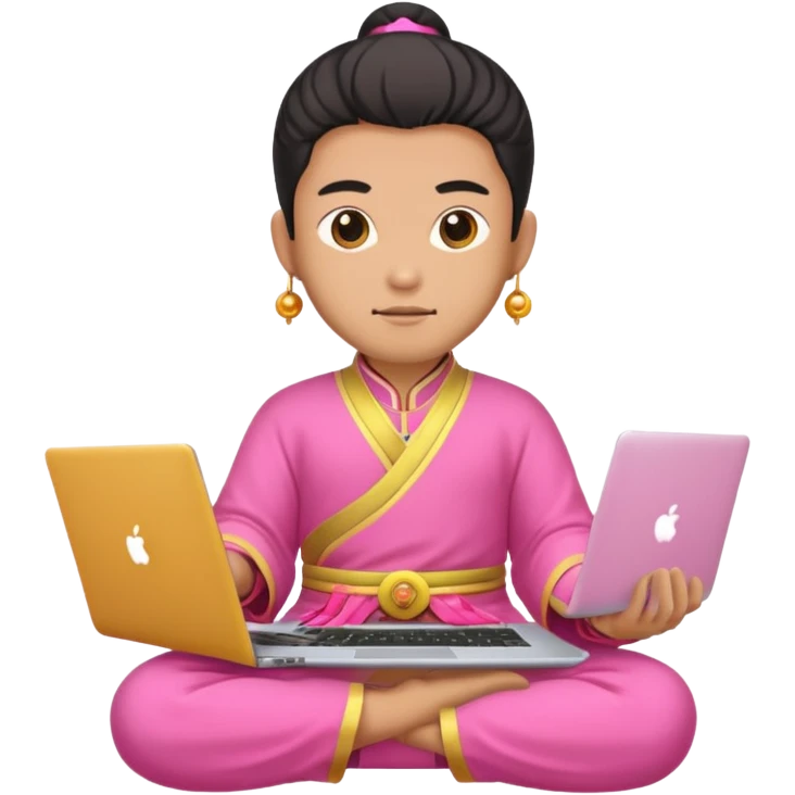 chinese god with laptop, pink emoji