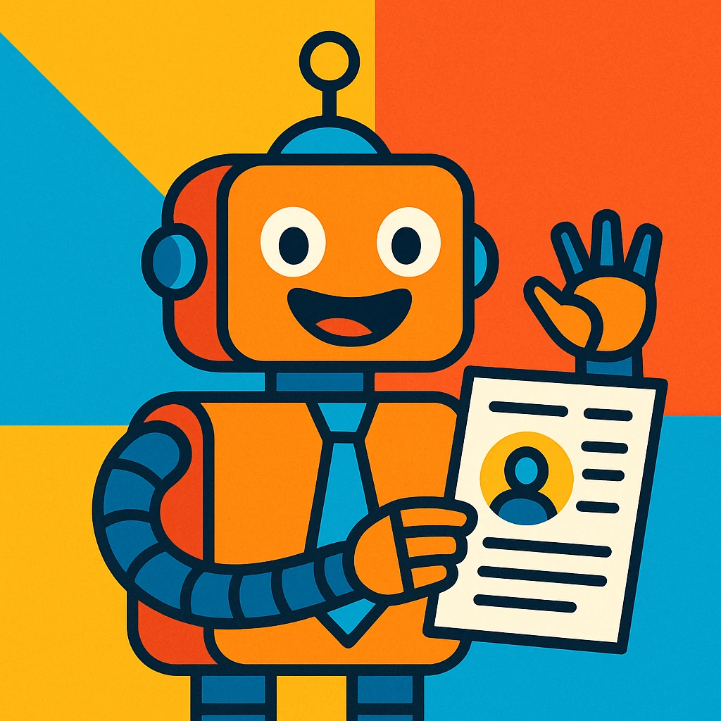 a recruiter robot with a tie, smiling, holding a resume, cartoon style, bright colors, vibrant and approachable emoji