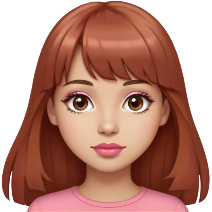 cute woman, light tan skin, big brown eyes, long auburn hair, bangs, pink top, coral lipstick emoji