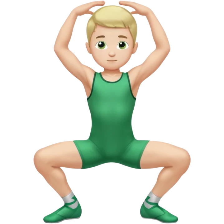 Little boy in a green sleeveless u-neck legless leotard flexing his arms and bending his knees emoji