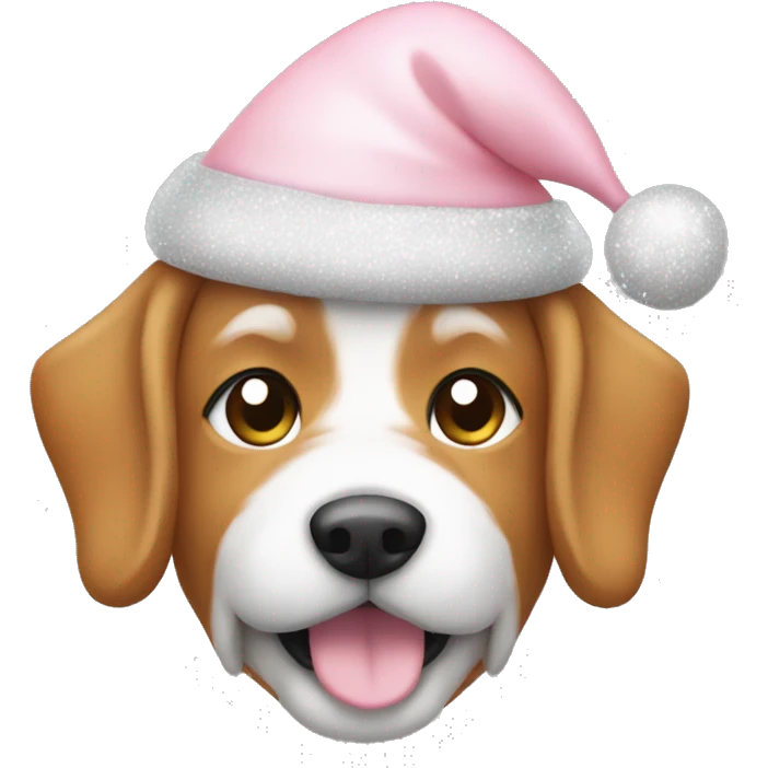 A peach color dog wearing a light Pink Santa hat with sparkles emoji