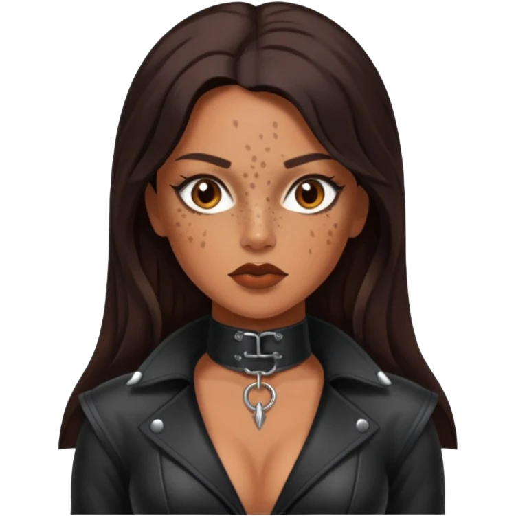 Tan skin with freckles, long dark hair, hazel eyes Dominatrix  emoji