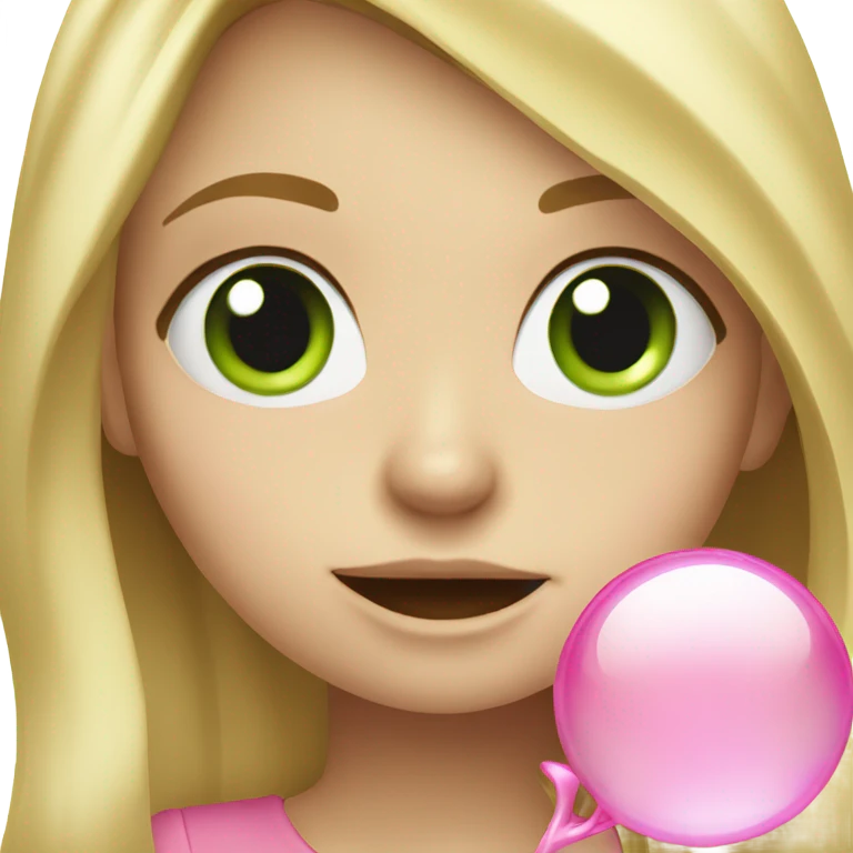 Blonde girl with long hair and green eyes blowing a pink bubble and winking emoji