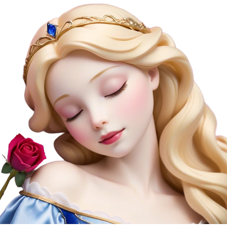 Cinematic Realistic Sleeping Beauty (Aurora) Portrait, with porcelain-like skin featuring a natural rosy flush, illuminated by soft lighting that highlights the gentle contours of her face. Her golden blonde hair flows in soft, detailed waves with subtle highlights that shimmer in the light. Her deep violet-blue eyes radiate warmth and innocence, framed by arched brows and long lashes. With a soft, serene smile, she holds a delicate rose gently in one hand, her other hand resting lightly by her side. She is dressed in her classic pink gown, the fabric rich in texture with delicate folds that catch the light. A golden crown rests atop her head, gleaming with royal refinement. The portrait captures a soft, glowing aura, blending realism with an ethereal sense of beauty and timeless enchantment. emoji