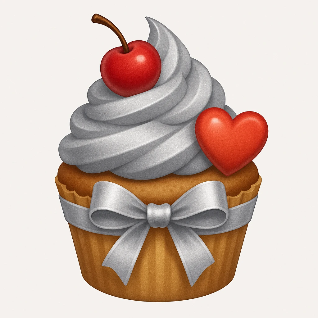 Add a silver ribbon and a heart-shaped candy to the cupcake with silver frosting and a cherry on top in emoji style. emoji