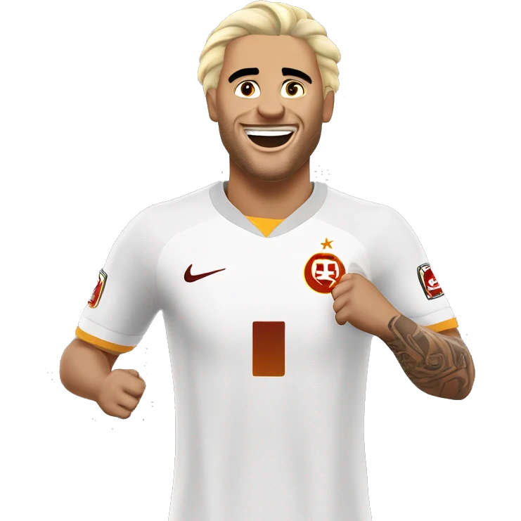 Mauro İcardi is playing for Galatasaray, he has blonde hair, light skin and tattoos. He brings his hands to his ears, celebrates a goal and laughs. emoji