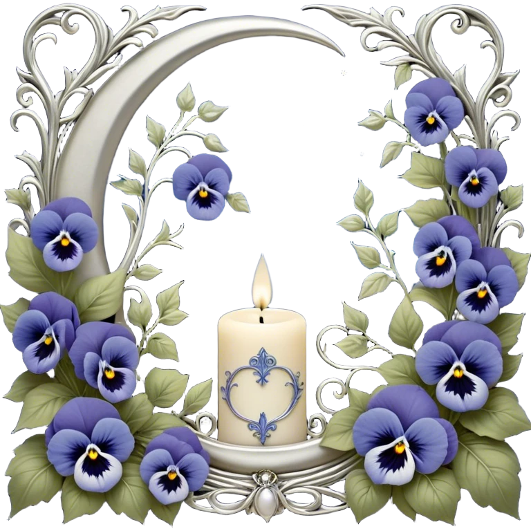 A peaceful sanctuary under the glow of a silver crescent moon, where lush blue pansies bloom in a secluded garden. The pearl-colored candle, adorned with delicate engravings, flickers with a soft luminescence, its wax melting into artistic patterns. Silver ivy vines weave through the flowers, catching the moon’s glow. A gentle breeze lifts tiny petals into the air, creating a serene and poetic atmosphere, while subtle celestial runes appear faintly in the candle’s light. emoji