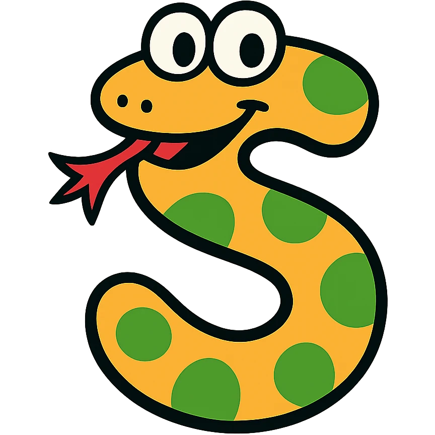 the letter S designed as a playful cartoon snake with a forked tongue and bright colors emoji